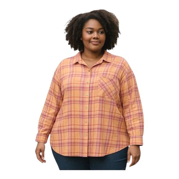H&M Women's Wide-cut Orange/Pink Plaid Shirt 100% Cotton Size 4X Blouse Shacket - Picture 1 of 15